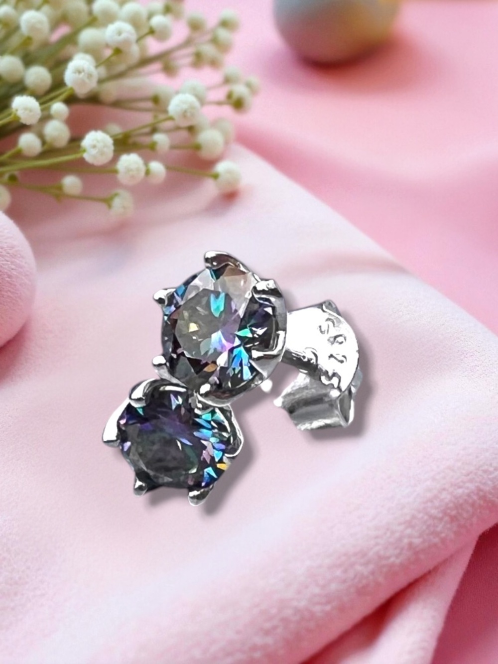New Rainbow Mystic Moissanite Stud Earrings Sterling Silver , 1 Carat Total, VVS